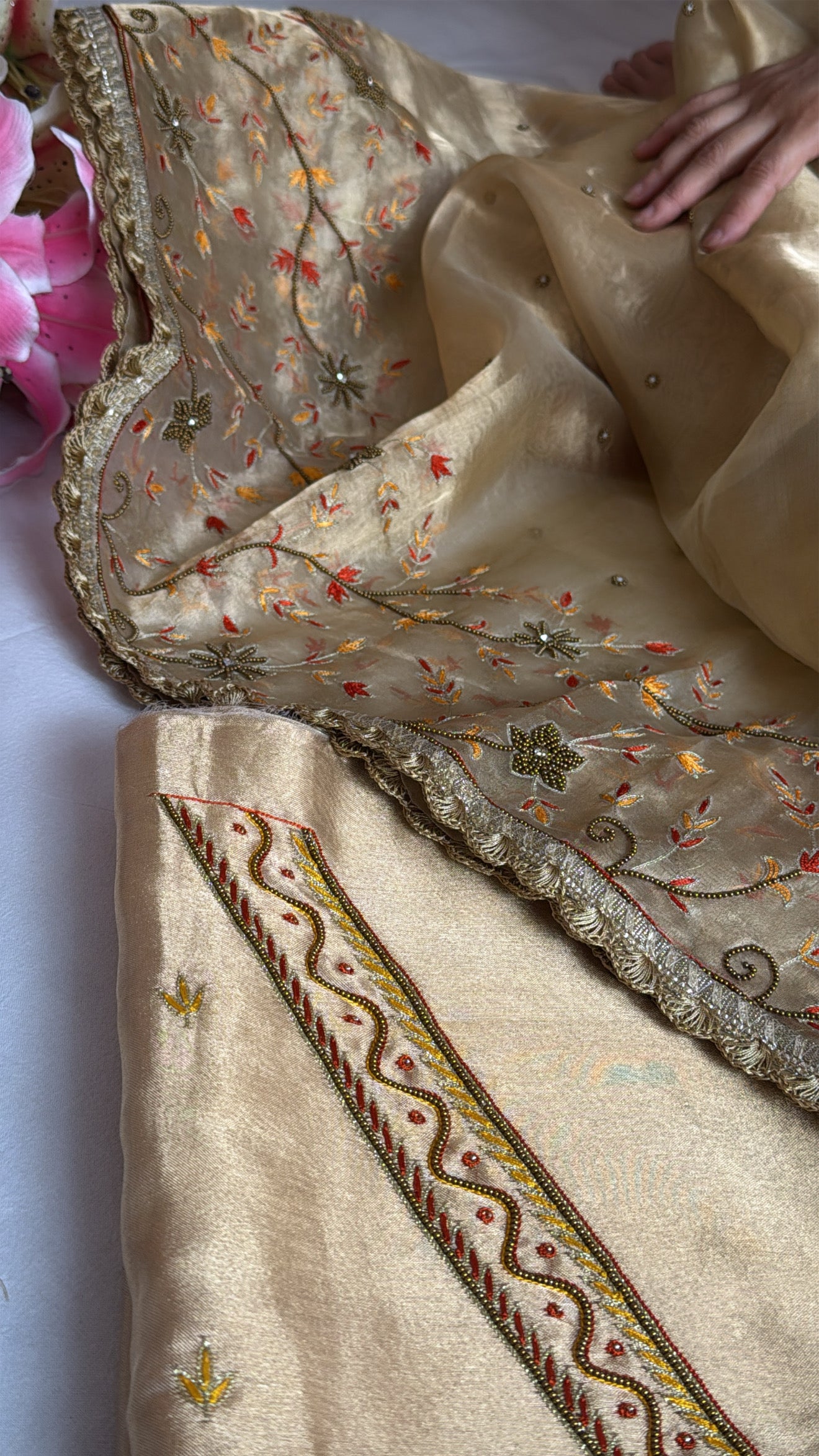 Champagne gold tissue silk hand embroidered heeramandi kadhwa suit set
